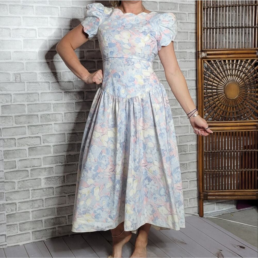Vintage 80s Alfredo Angelo Pastel Floral Dress, sz Small